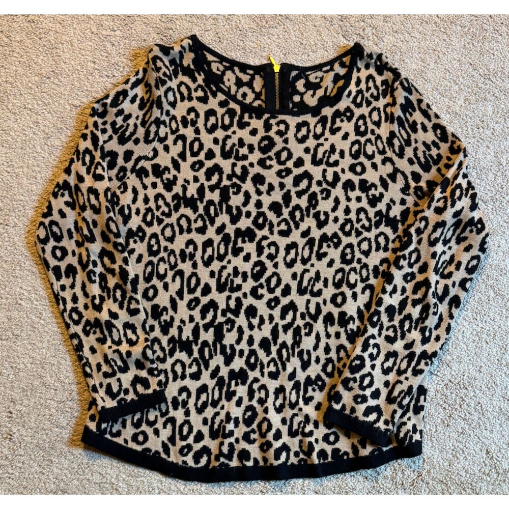 Chico's Leopard Print Sweater Long Sleeve Black Trim Size Xl
